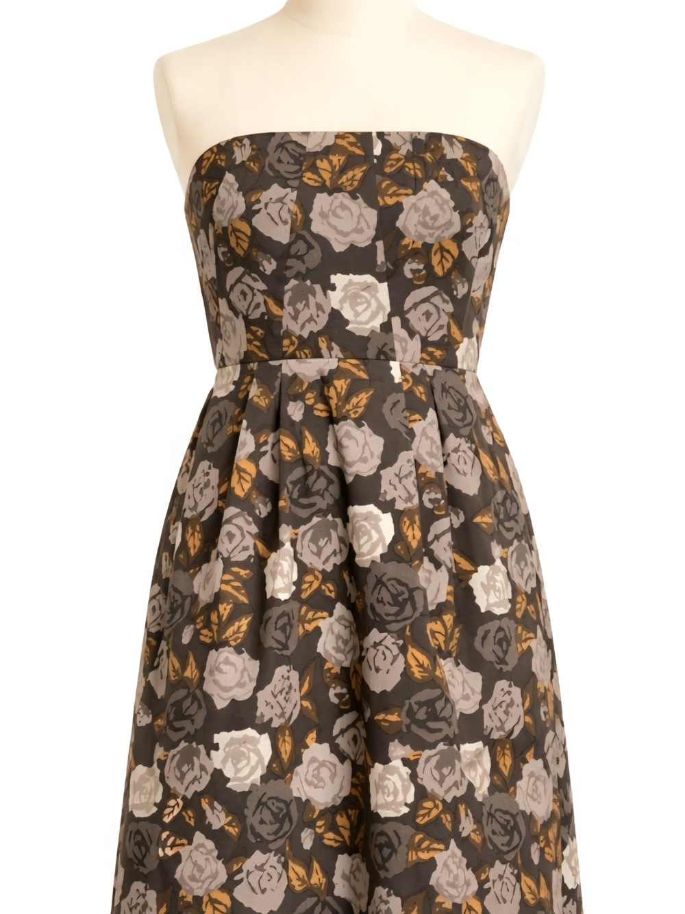 J. Crew Strapless Marielle Floral Midi Dress in Charcoal, Gray, and Gold